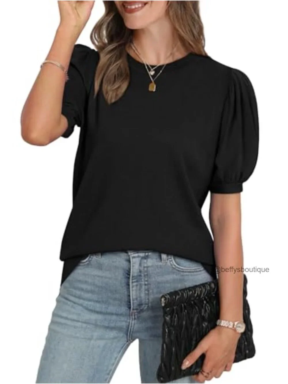 Women's Puff Short Sleeve Knit Sweater Business Casual Crew Neck Blouse